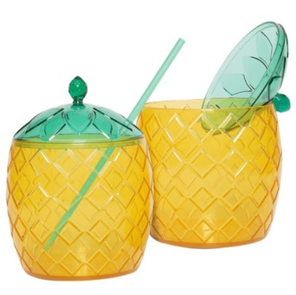 Epare Pineapple Goblets Cups Summer Fun Set Of 2 Lids Straws 20 OZ NEW NIB NICE